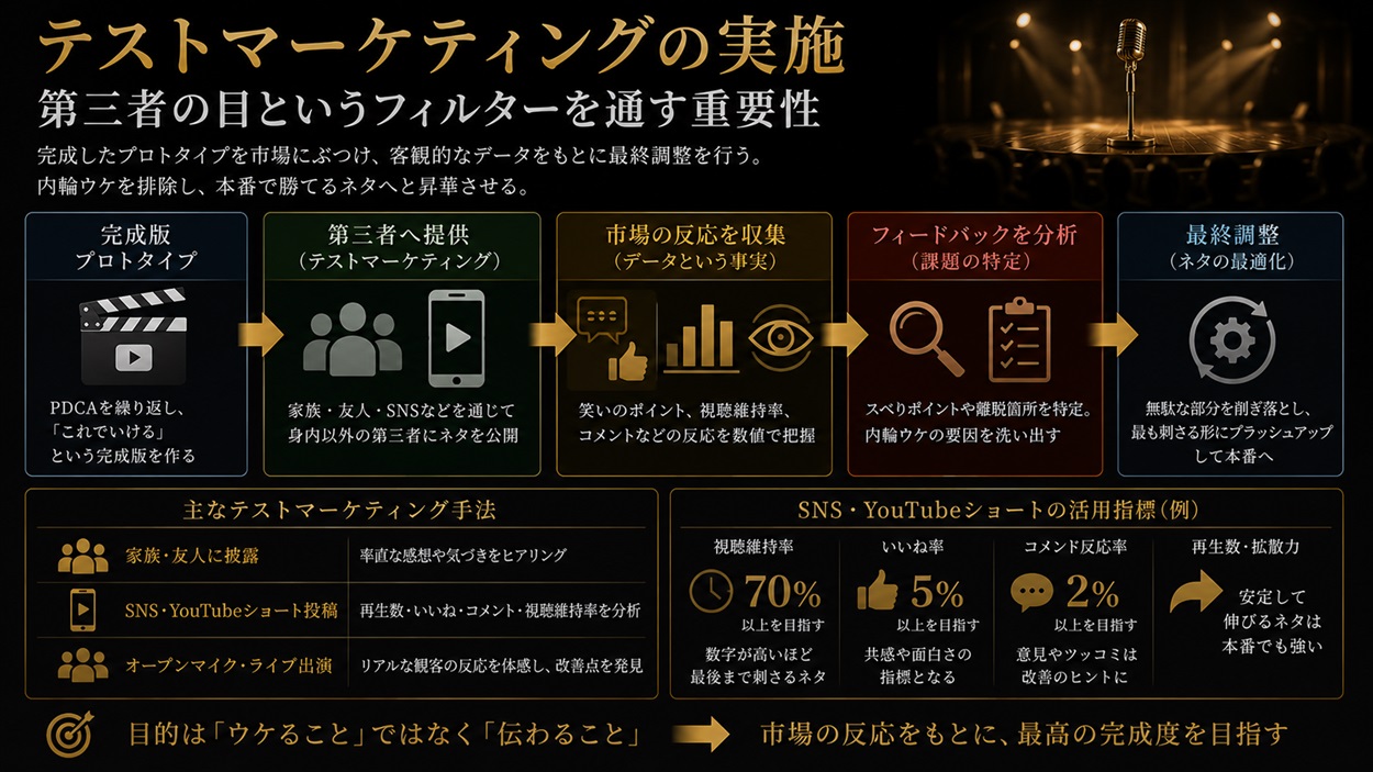 完成したプロトタイプを第三者（市場）へぶつけ、最終調整を行うテストマーケティングの図