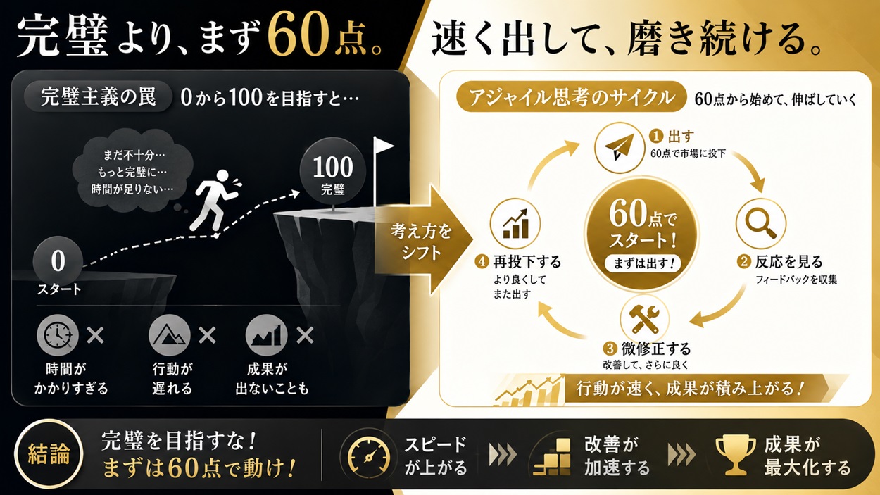 60点で市場に投下し、高速で微修正を繰り返すアジャイル思考のサイクル図