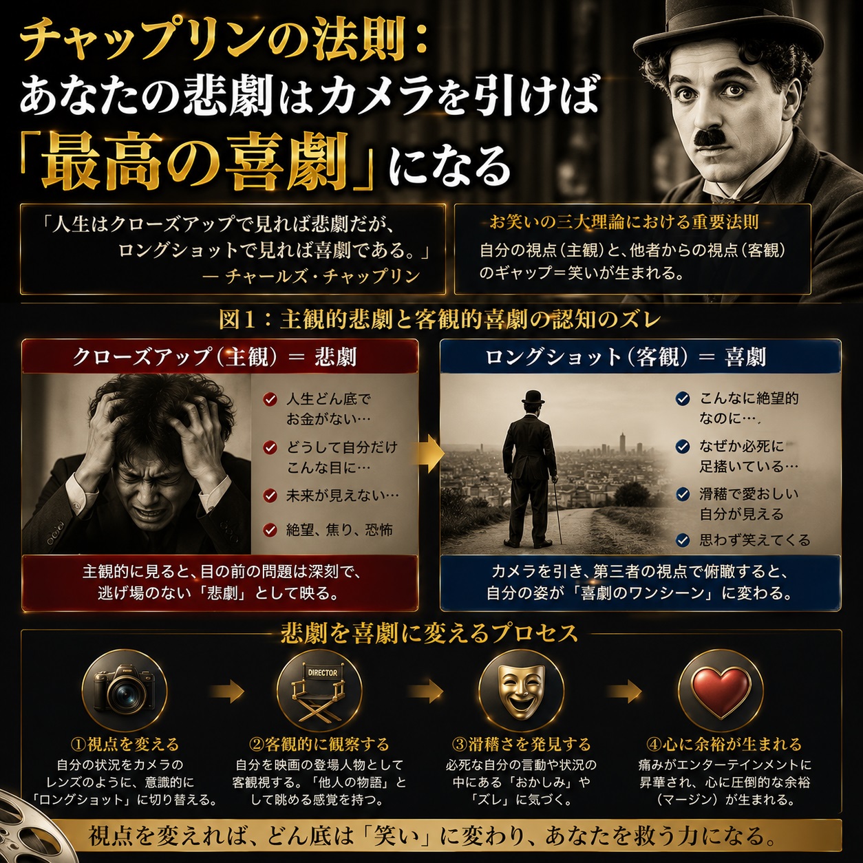 悲劇を喜劇に変えるチャップリンの法則