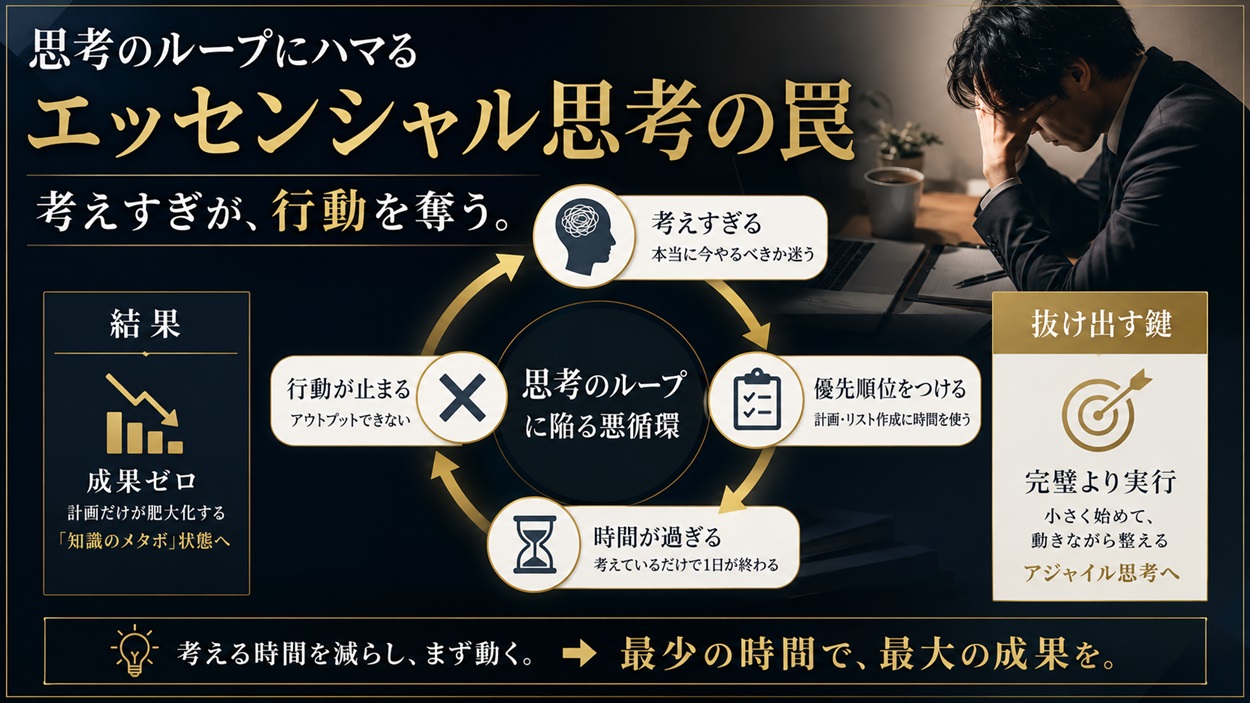 思考のループに陥るエッセンシャル思考の罠を図解したデータ