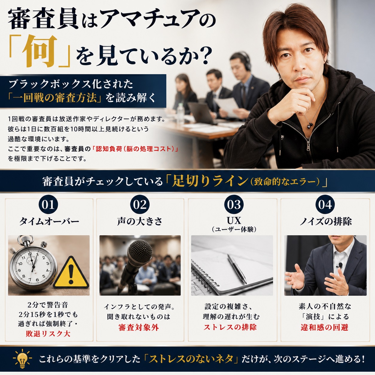審査員がチェックしているアマチュアの足切りライン4項目：タイム・声・UX・ノイズ