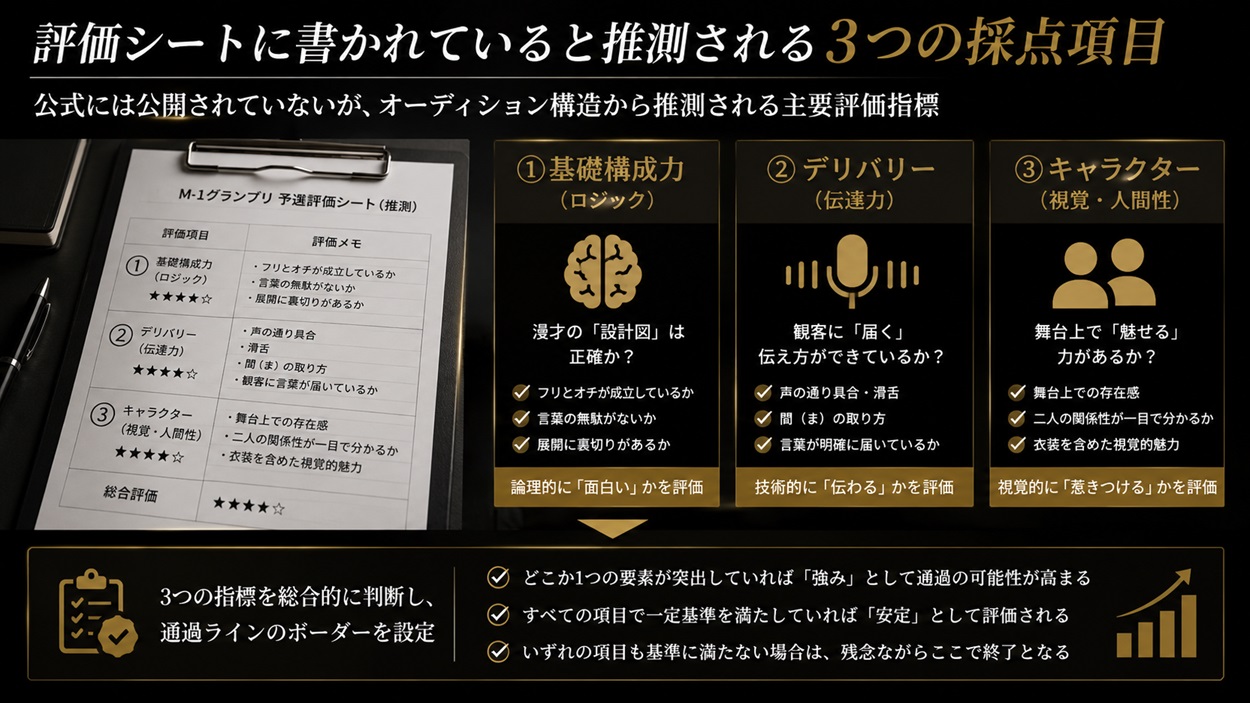評価シートに書かれていると推測される3つの採点項目