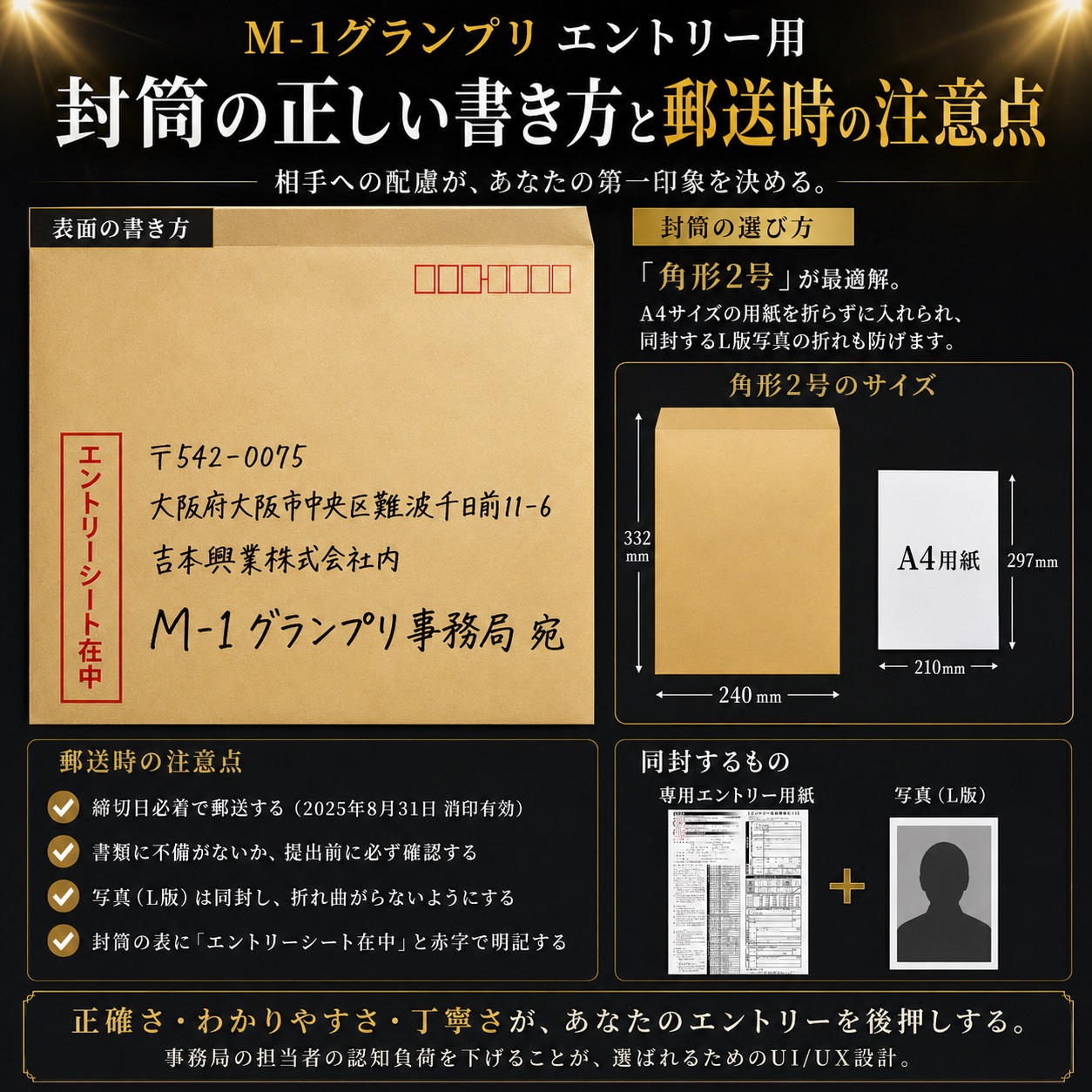M-1エントリー用紙を入れる封筒の正しい書き方と角形2号の図解