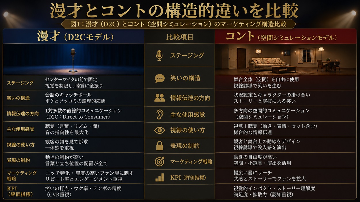 漫才とコントの構造的違いを比較するマトリクス表
