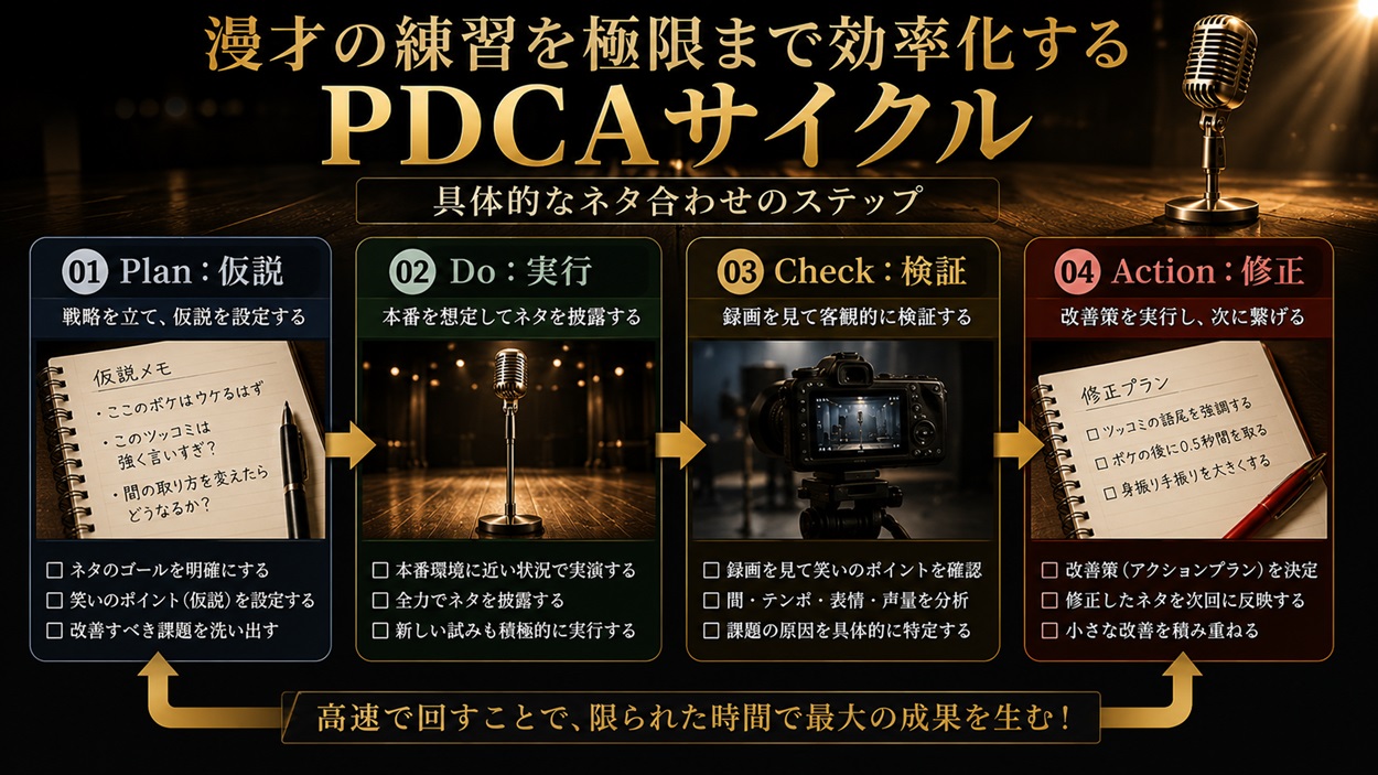 漫才におけるPDCAサイクル（Plan仮説→Do実行→Check録画検証→Action修正）の流れ