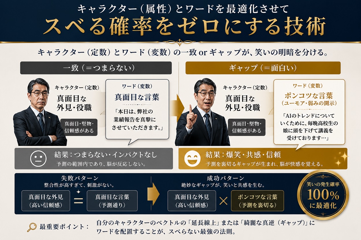 自分の属性とワードの最適化によりスベる確率をゼロにする技術