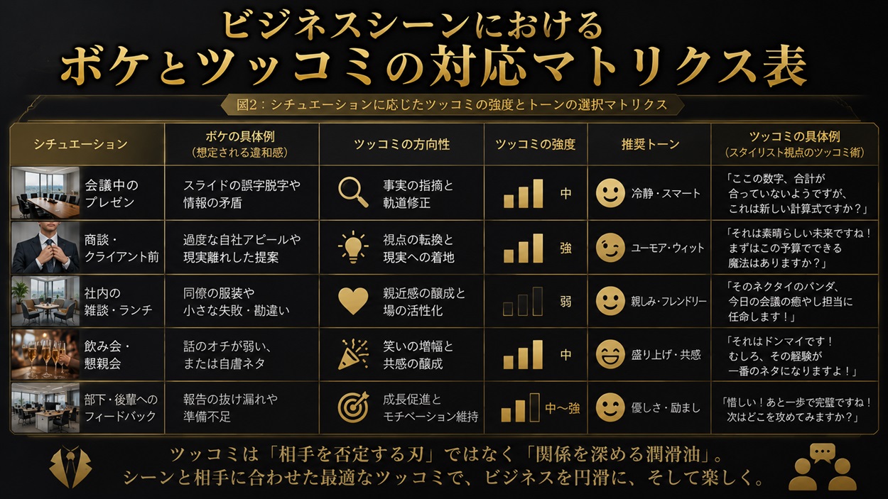 ビジネスシーンにおけるボケとツッコミの対応マトリクス表