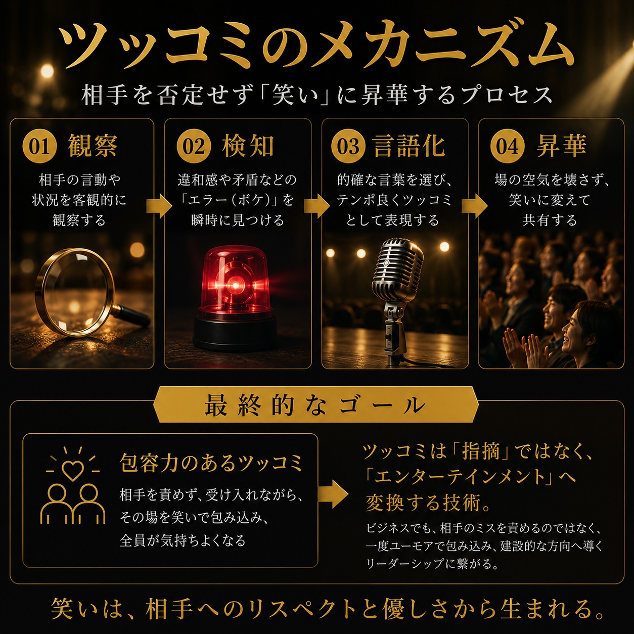 図解：ツッコミのメカニズム（観察・検知・言語化・昇華のプロセス）