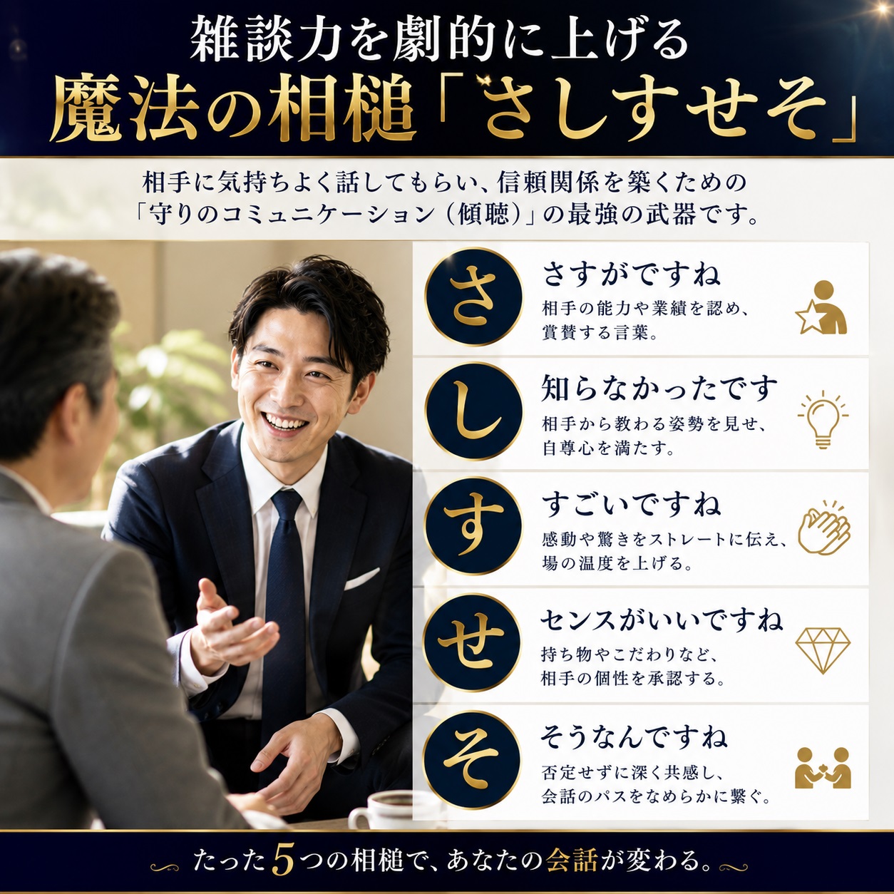 雑談力の魔法の相槌 さしすせそ 図解